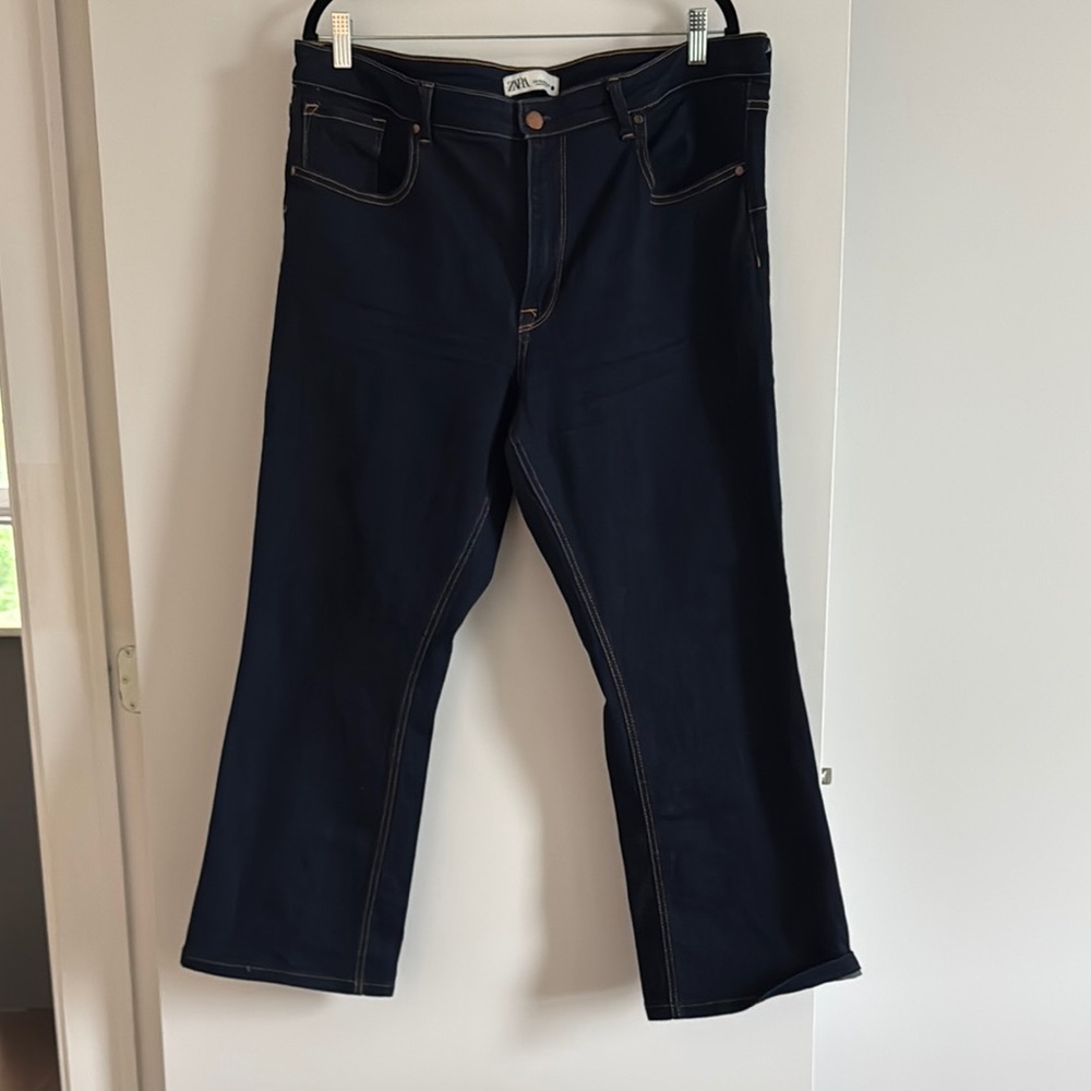 Zara Dark Indigo Straight Leg High Waist Ankle Jeans Size 18